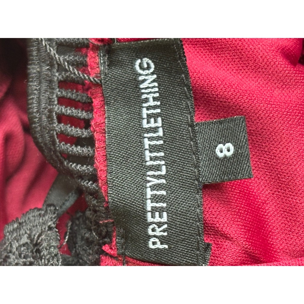 NWT PrettyLittleThing Burgundy Lace Ruffle Detail Plunge Maxi Dress Size 8 - Picture 4 of 11